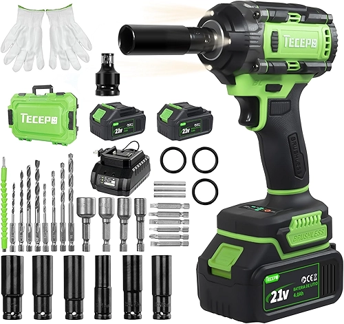 Chave de Impacto TECEPO PDS400-2 21V Bateria 4AH, 400Nm, 2 Baterias, kit Ferramentas Recarregável com Adaptador,Caixa Organizadora, Alta Velocidade Até 2500RPM