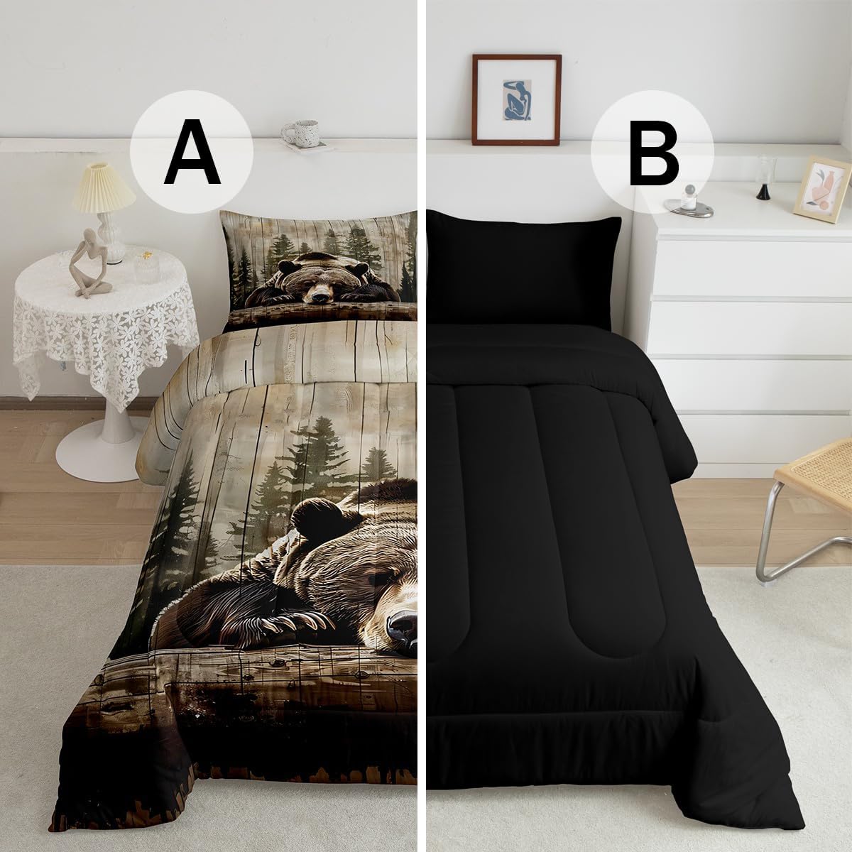 Feelyou Grizzly Bear Comforter Set Queen Size, Wild Animal Hunting Quilt Set with 2 Pillowcases, Rustic Cabin Farmhouse Bedding Set 3pcs for Kids Boys Teens Room Decor, Western Country Duvet Insert