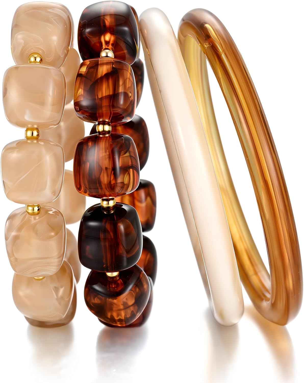 FAXHION Stackable Stretch Beaded Bracelet Set for women, 4PCS Acrylic Resin Elastic Strand & Thin Bangle Bracelets, Minimalist Vintage Stacking Jewelry Accessories for Daily Wear