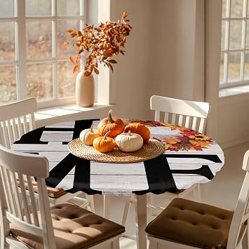 Round Fitted Tablecloth Home Orange Maple Leaf Wreath Watercolor Washable Waterproof Elastic Table Covers for Camping Indoor Dining Table Protector Farm Vintage Wood Board Fits 45-54 Tables