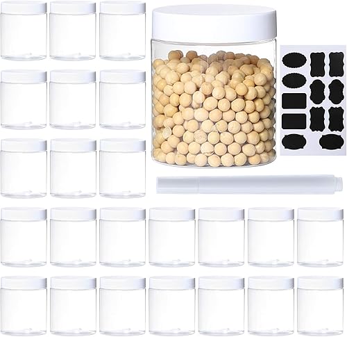 Paquete de 24 tarros de plástico de 8 onzas con tapas blancas, herméticos, transparentes y de boca ancha, tarros de almacenamiento de limo para