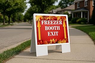 Freezer Booth Exit Autumn Frame Colorful Maple Leaves On Red Background Up Arrows A-Frame Single Sided 23x23 in. sign