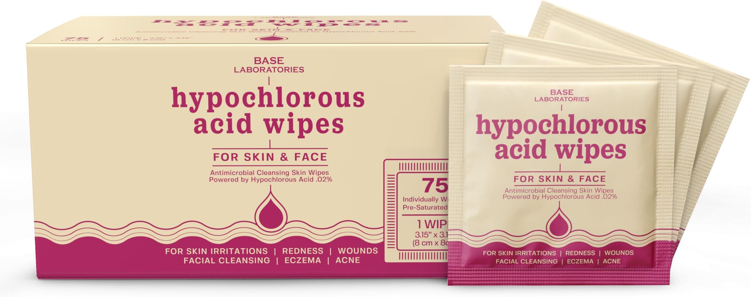 BASE LABORATORIES Hypochlorous Acid Wipes | Saline Solution and HOCl Infused Wound Cleaning Wipes for Skin & Face | Cleanses, Sanitizes & Soothes Skin Irritations, Piercings, Acne & Eczema | 75 Wipes