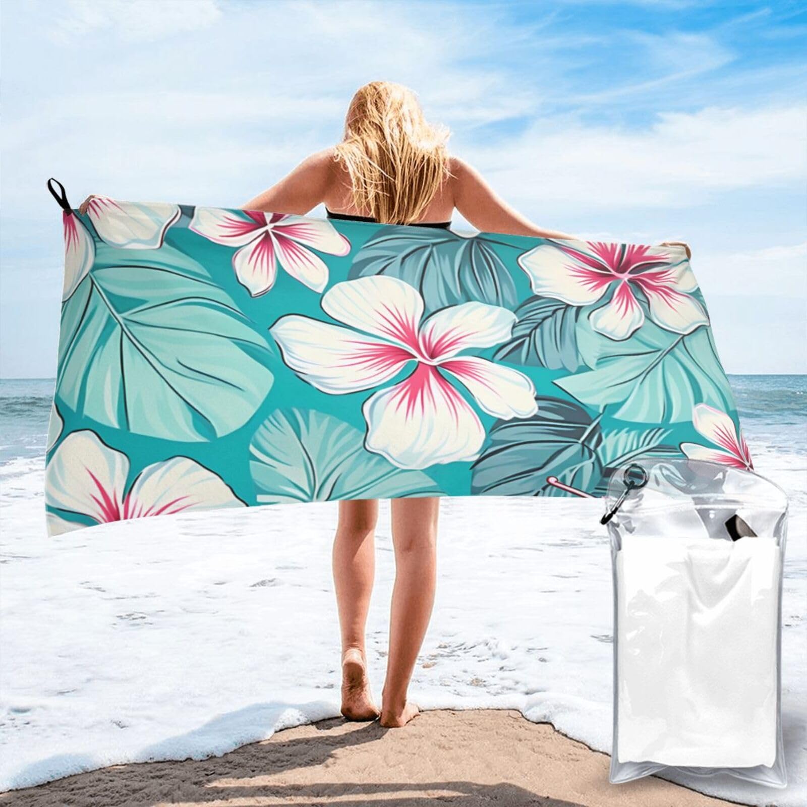 DWVTSLH Microfiber Sand Free Beach Towel 27.5"x55", Quick Dry Absorbent Travel Towel Large Camping Blanket, Tropical Hibiscus Flowers Bath Towels Lightweight Pool Swim Towels for Vacation Essentials