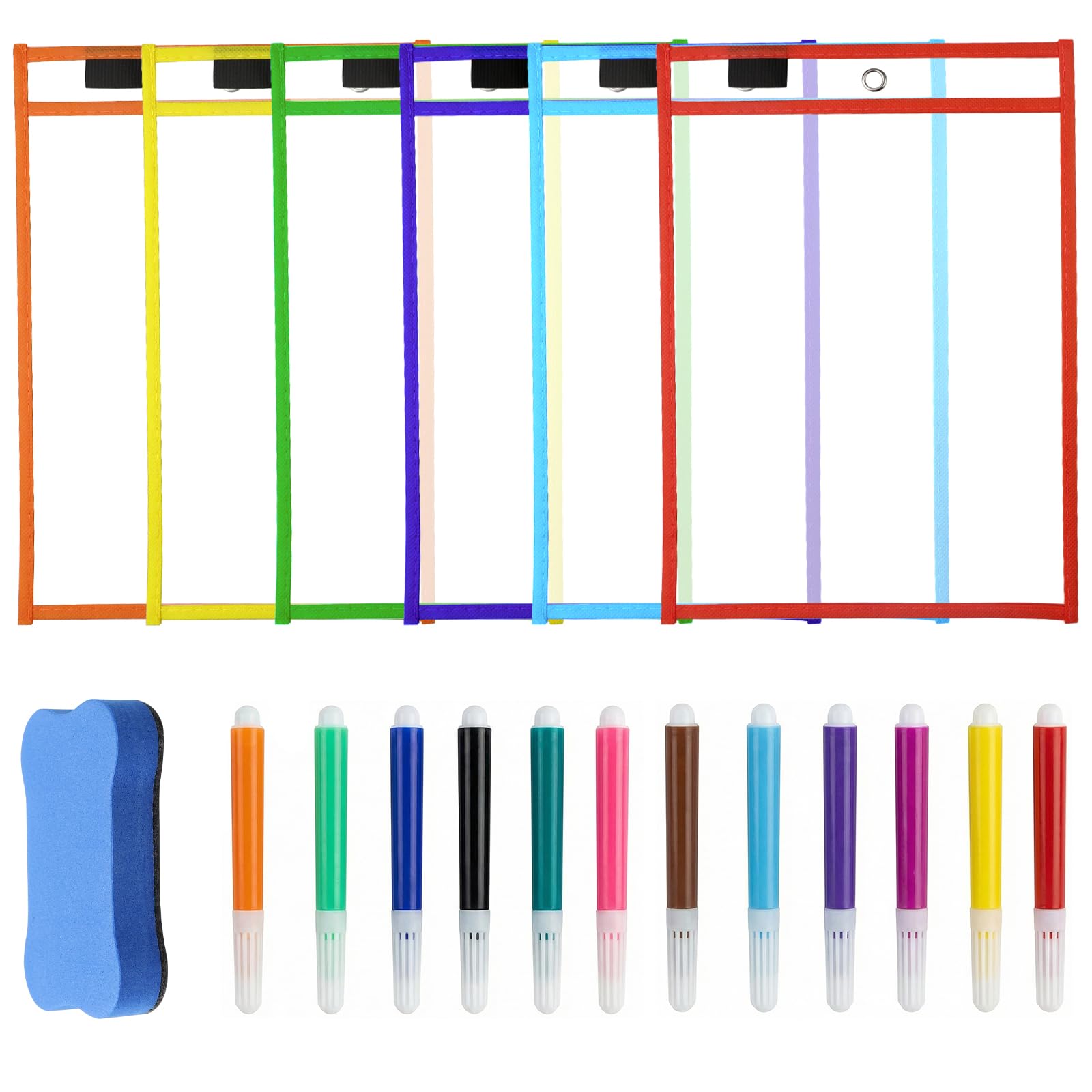 Dry Erase Pockets Classroom Essentials - 6 Pack PET Learning Transparent Reusable Pouch Sleeves with Rings Non-Woven Edging for School Kindergarten Home Kids Birthday Party Drawing Activitie