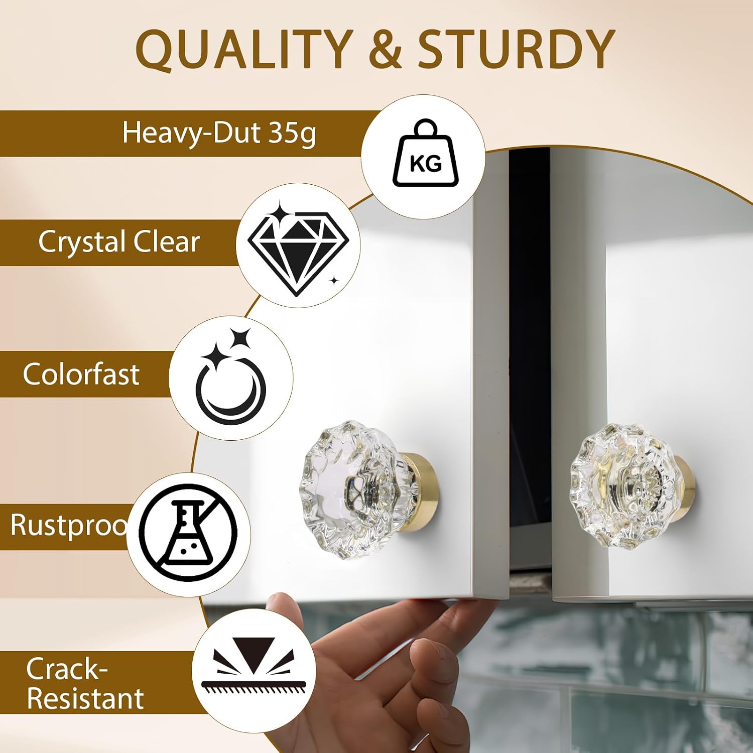 Floral Crystal Cabinet Knobs, Vintage Glass Drawer Pulls | 8pcs, Brushed Gold, 35mm, 1.4 Inch Dresser Knobs, for Furniture, Kitchen & Bathroom Makeover