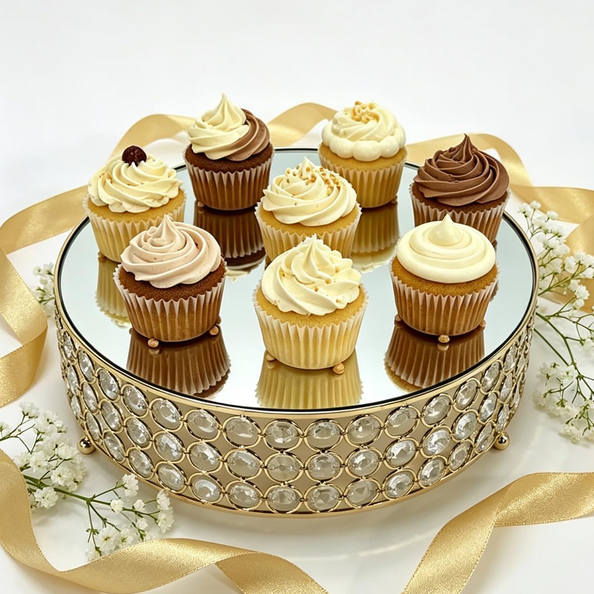 Gold Crystal Round Cake Stand with Mirror Top, 12 Inch Metallic Dessert Display Riser, Bling Crystal Cupcake Holder for Wedding, Birthday Party, Afternoon Tea & Home Decor