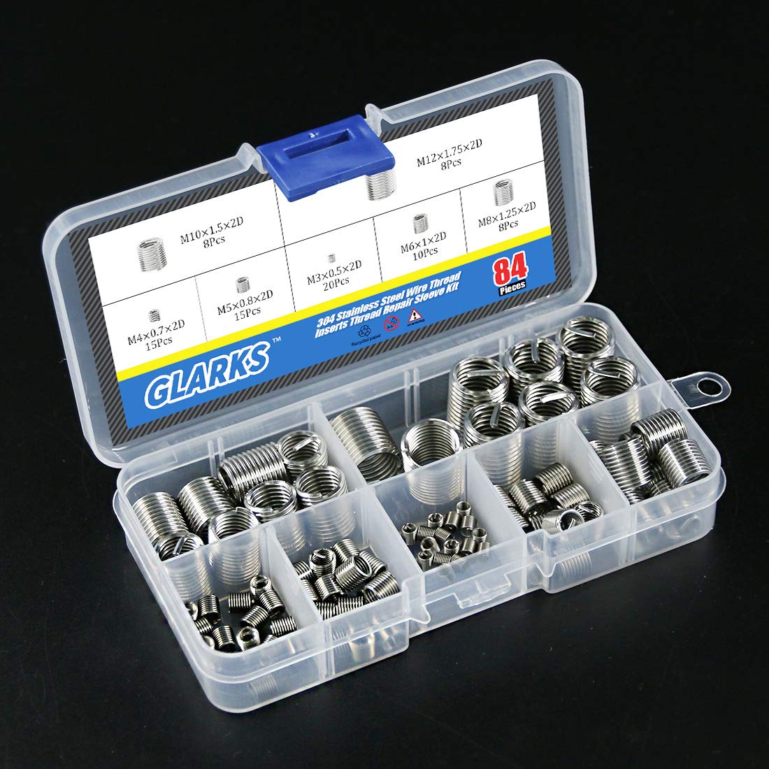 Glarks 84Pcs 304 Stainless Steel Wire Thread Inserts Thread Repair Sleeve Kit, Metric M3 M4 M5 M6 M8 M10 M12 Steel Sheath Coiled Wire Helicoil Type Screw Repair Insert Assortment Kit