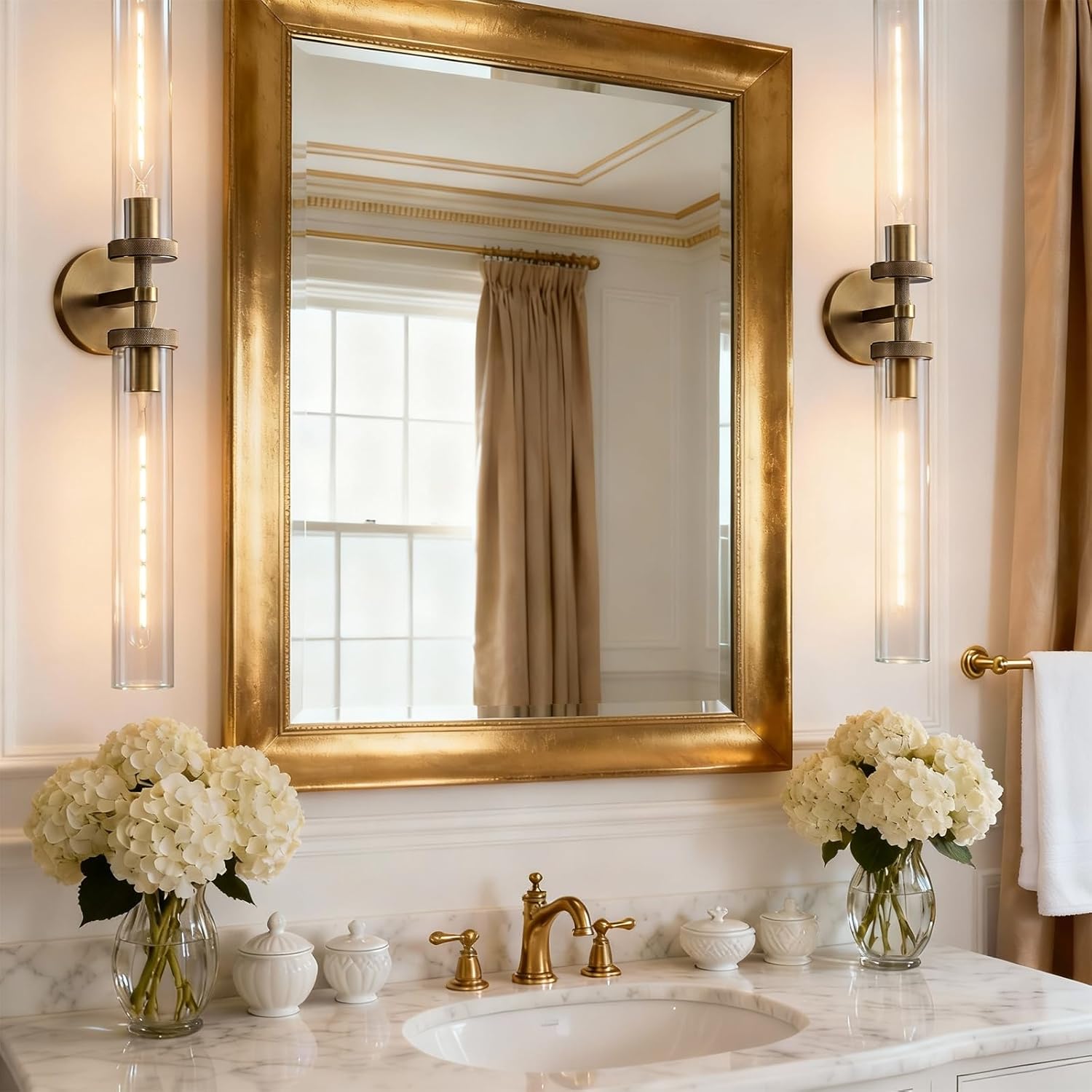 Bathroom Wall Sconces Set of Two, 30" Knurled Brass Wall Sconces with Tube Glass,Gold Sconces Wall Lighting Vanity Sconce for Bedroom,Living Room,Hallway, Staircase(E26 Bulb Include)