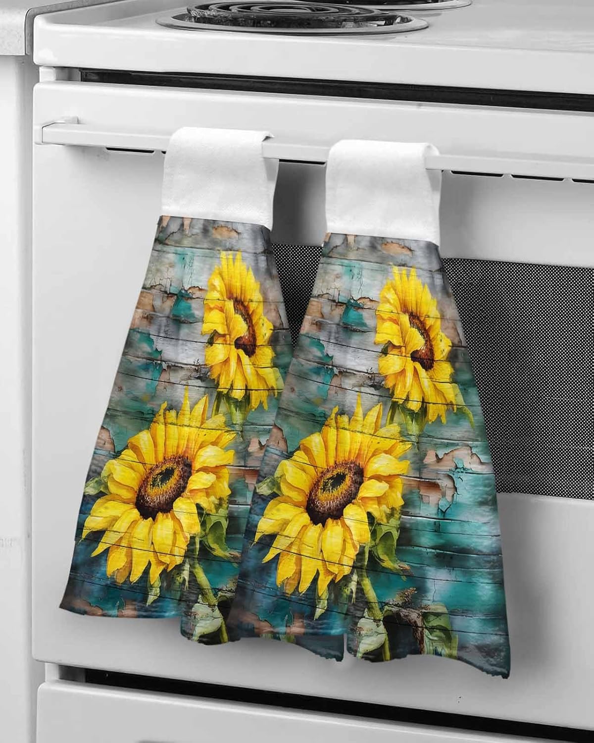 Teal Sunflower Kitchen Hand Towels with Hanging Loops,Super Soft Oven Fingertip Dry Microfiber Tie Dish Towel Absorbent Cleaning Washcloth for Bathroom,Kitchen Retro Yellow Floral Turquoise Wood Grain