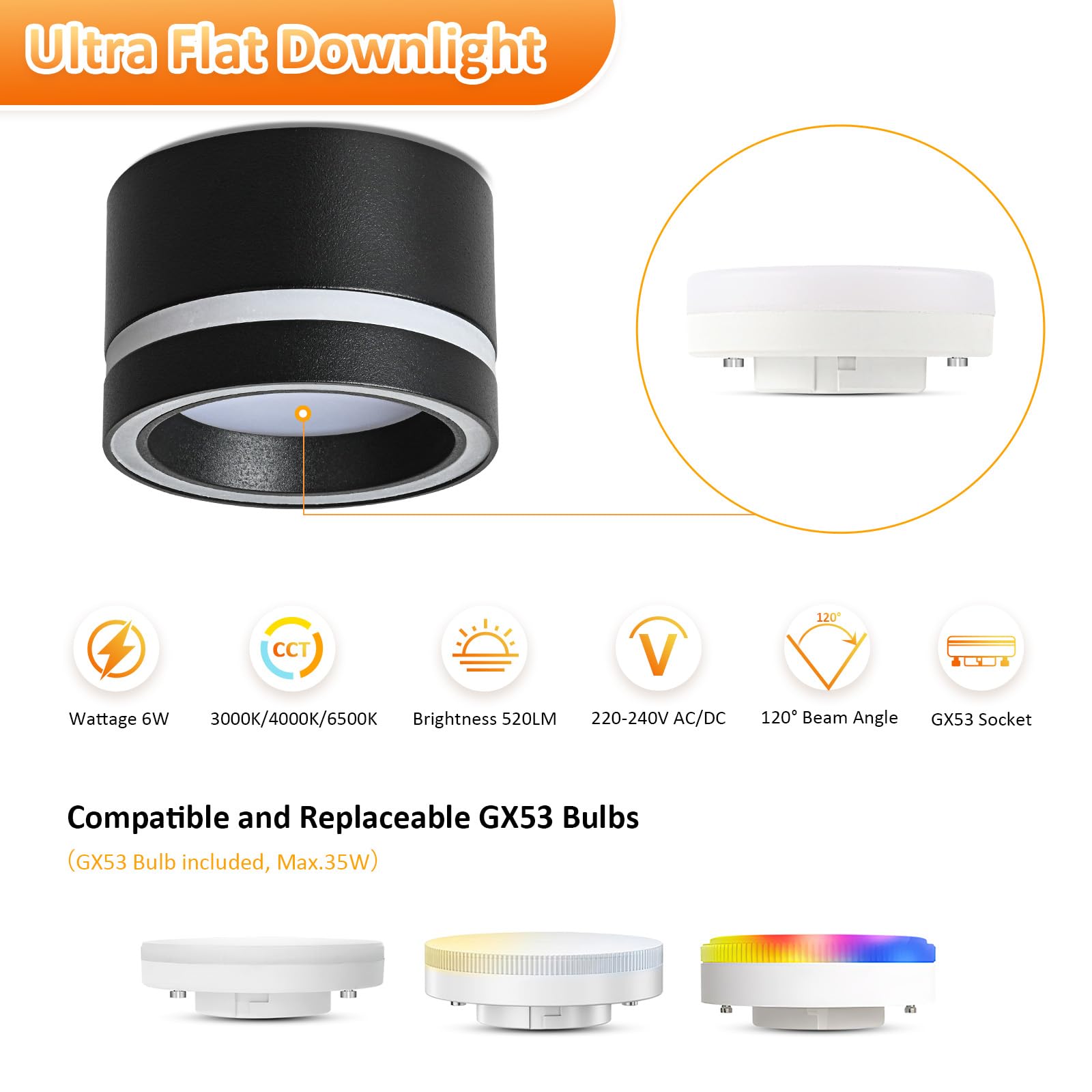 Foco de Techo Negro, Focos techo Superficie, Focos LED Interior Techo 6W GX53 3CCT 3000K Cálido/ 4000K Natural/ 6500K Frio, Aplique Techo Aluminio Redonda para Baño, 4 Pcs