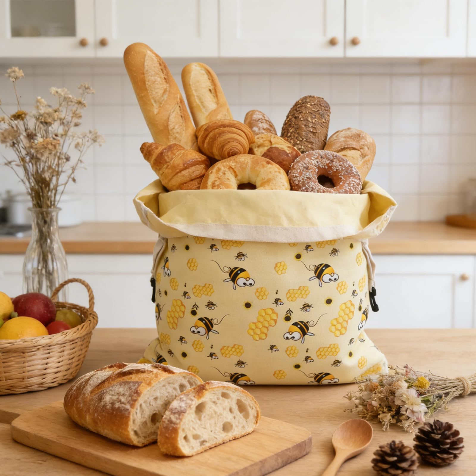 Hoypeyfiy 43 cm x 33 cm, confezione da 2 sacchetti per il pane in cotone con rivestimento in cera d'api naturale, ideali per la cucina di casa e gli appassionati di pasticceria, giallo., moderno