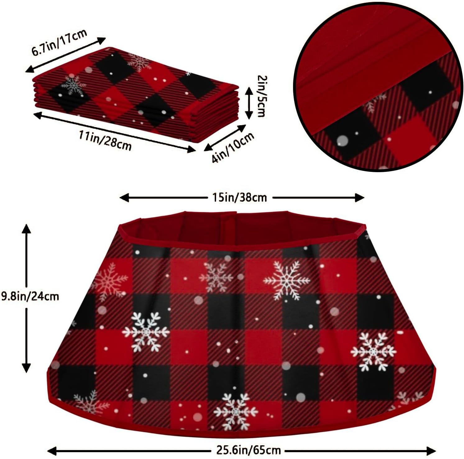 Christmas Tree Collar - 25.6" x 9.8" Patterned Tree Skirt/Base Collars, Foldable Red Plaid Xmas Christmas Tree Stand Cover for Holiday New Year Party Decoration