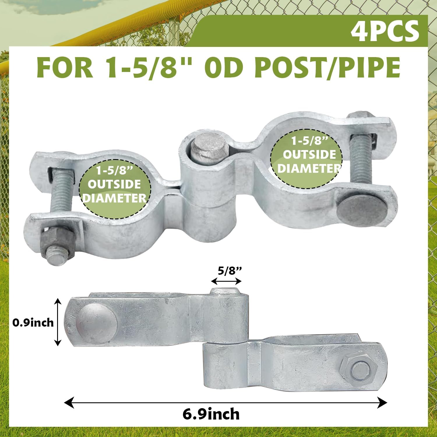 4 Set of Chain Link Fence Gate Post Hinge, 1-5/8" x 1-5/8" Galvanized Steel Chain Link Fence Gate Hinge with Female Hinges and Male Post Hinges, Bolts & Nuts Included