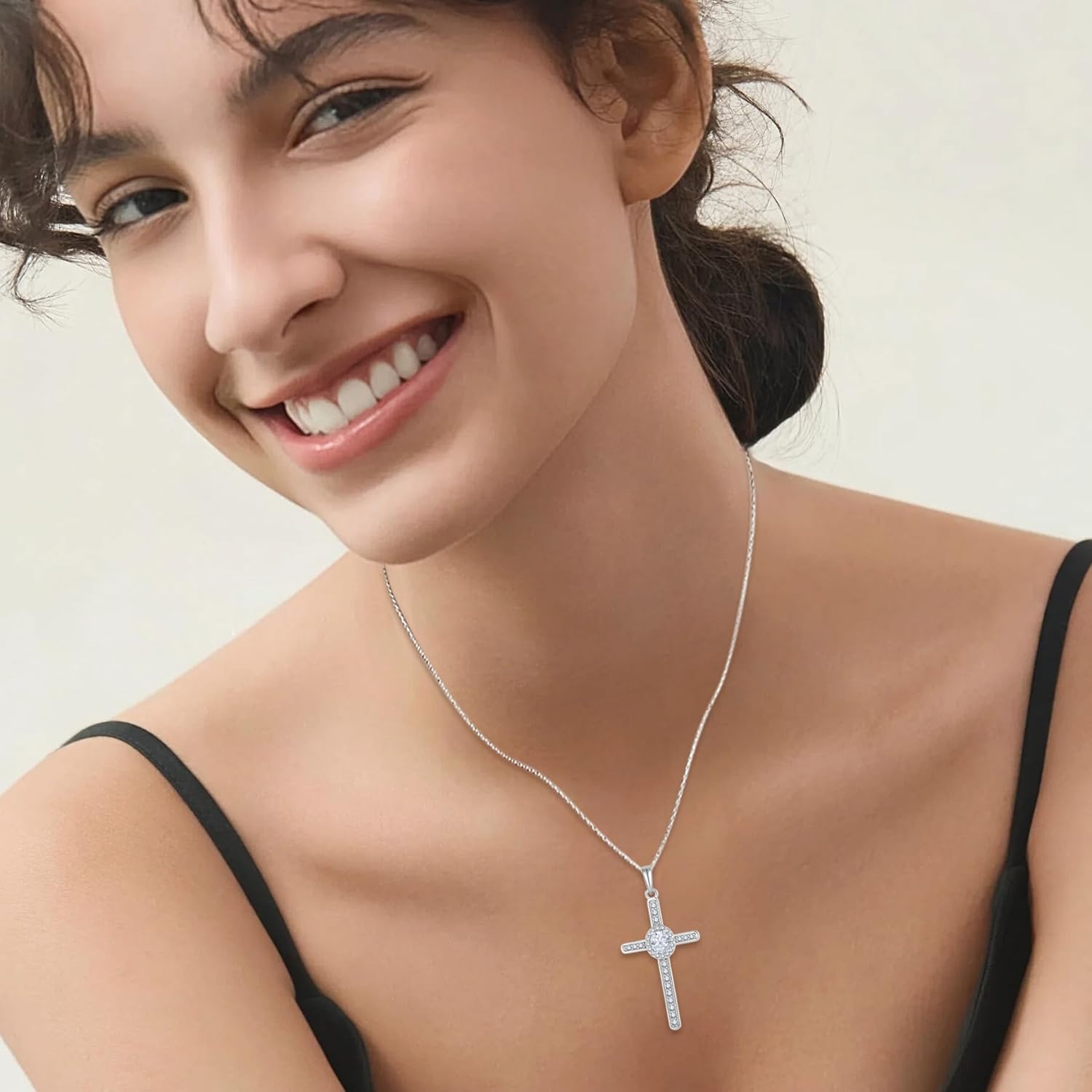 Cross Necklace 925 Sterling Silver Halo Oval Birthstone Pendant Christian Religious Jewelry Gifts for Women - Image 3