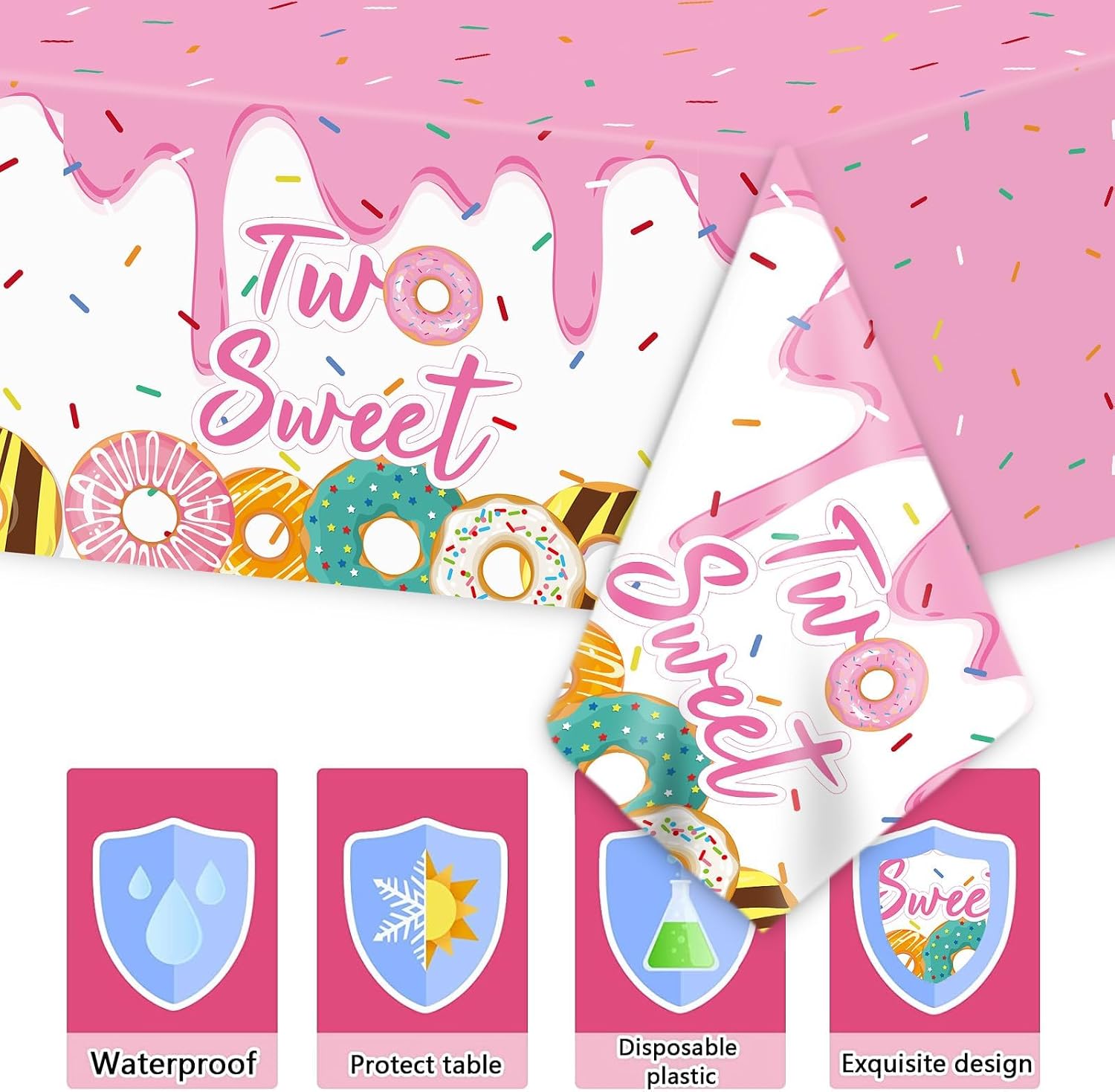 ZOIIWA 98 Pieces Two Sweet Donut Birthday Party Supplies for 24 Guests Girls Donut Tableware Set Baby Girl 2nd Birthday Paper Plates Napkins Tablecloth Decorations Table Cover Dinnerware Party Favors