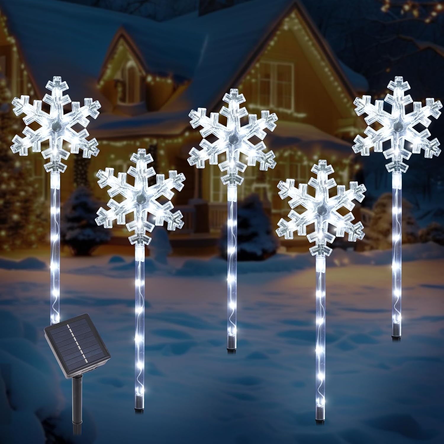 BRIGHTDECK Solar Christmas Snowflake Pathway Lights, Set of 5 Outdoor Garden Lights Decorations，Waterproof Stake Decorative Light for Yard Lawn Porch Walkway Decor (Cool White, 10 Pack)