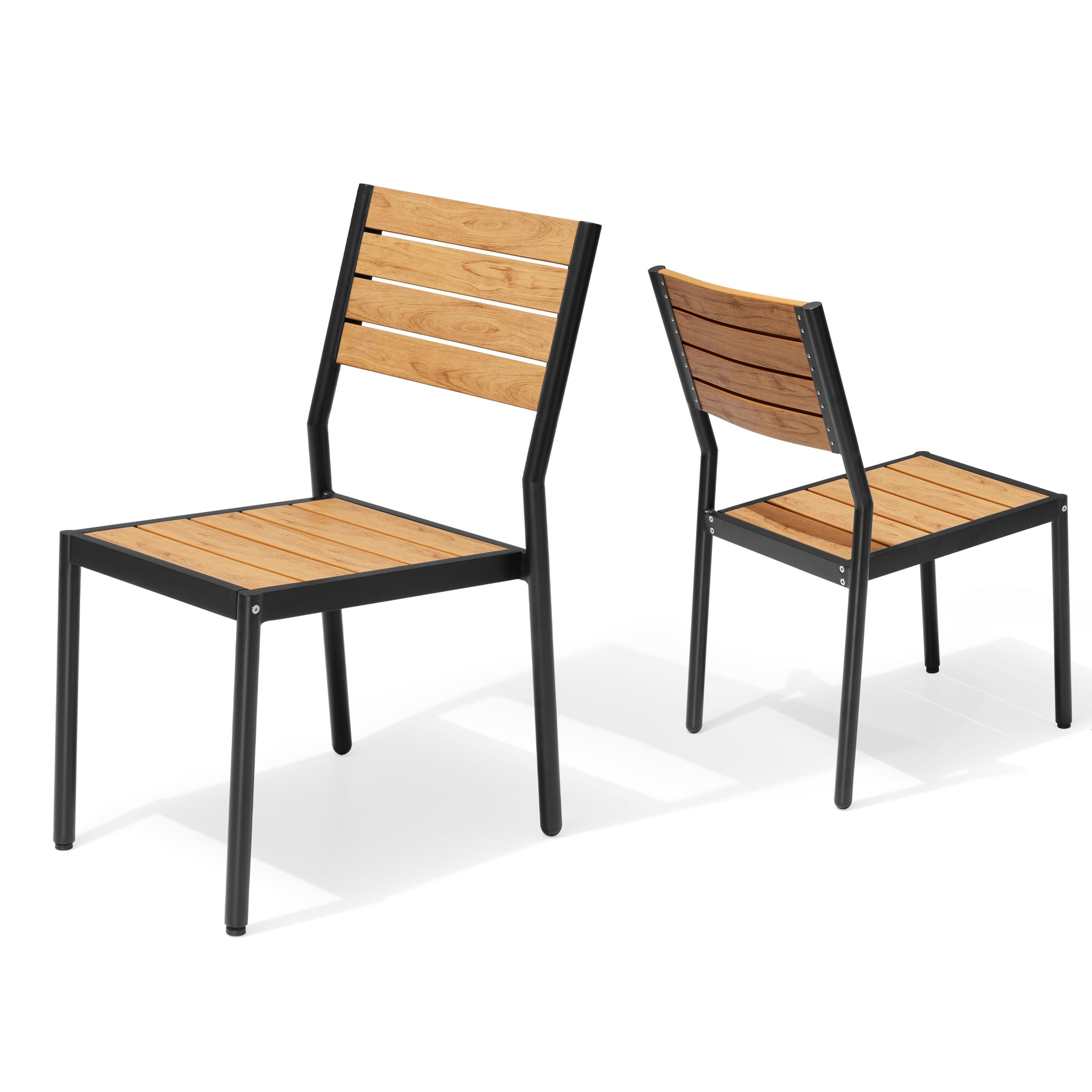 Pellebant Stackable Outdoor Dining Chairs in brown, set up around a dining table on a patio.