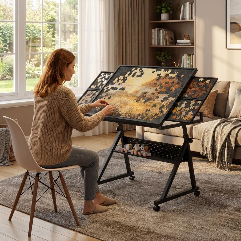 XEW 1500 Piece Jigsaw Puzzle Table for Adults with Adjustable Height & Angle, 4 Felt Storage Trays, Protective Wooden Cover, and Mobile Wheels, Black