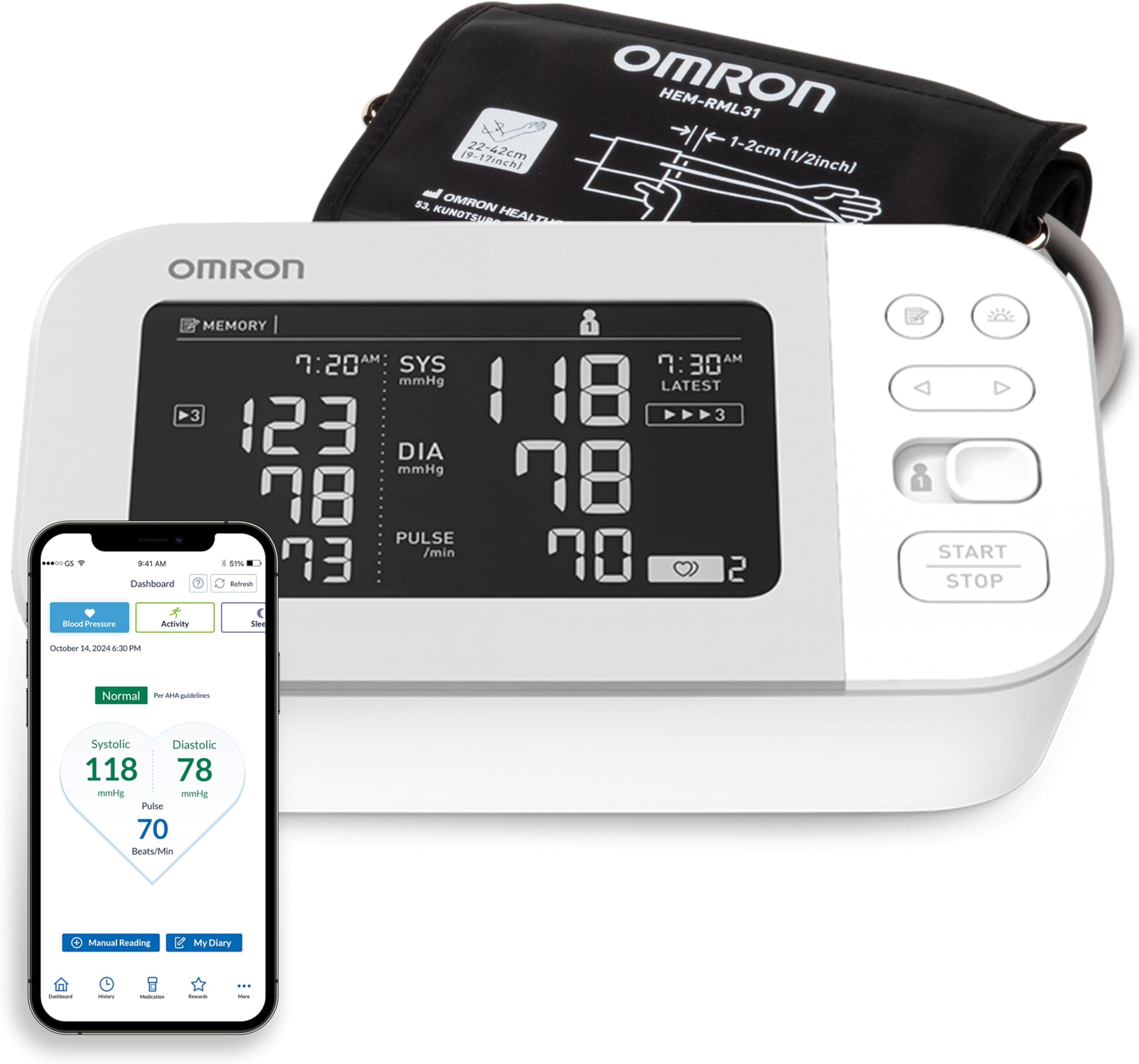 OMRON Platinum Blood Pressure Monitor, Upper Arm Cuff, Digital Bluetooth Blood Pressure Machine, Stores Up To 200 Readings for Two Users (100 readings each)