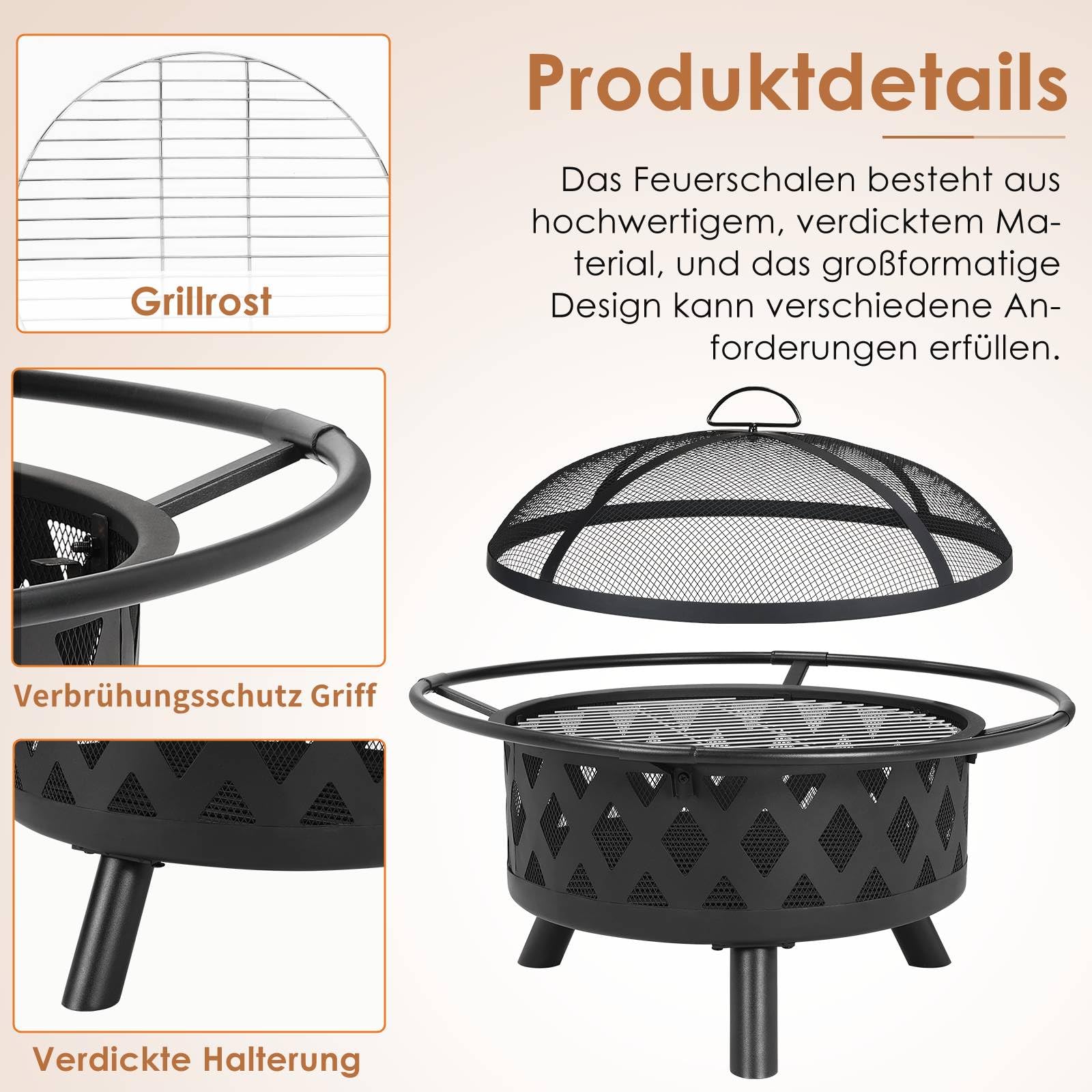 TLSUNNY Feuerschale, Ø 76cm Feuerkorb mit Funkenschutz und Schürhaken | Feuerschalen für den Garten Groß, BBQ Feuerstelle Outdoor mit Grill, 3PCS Beine, Retro-Look Fire Pit, Zum Grillen und Heizen