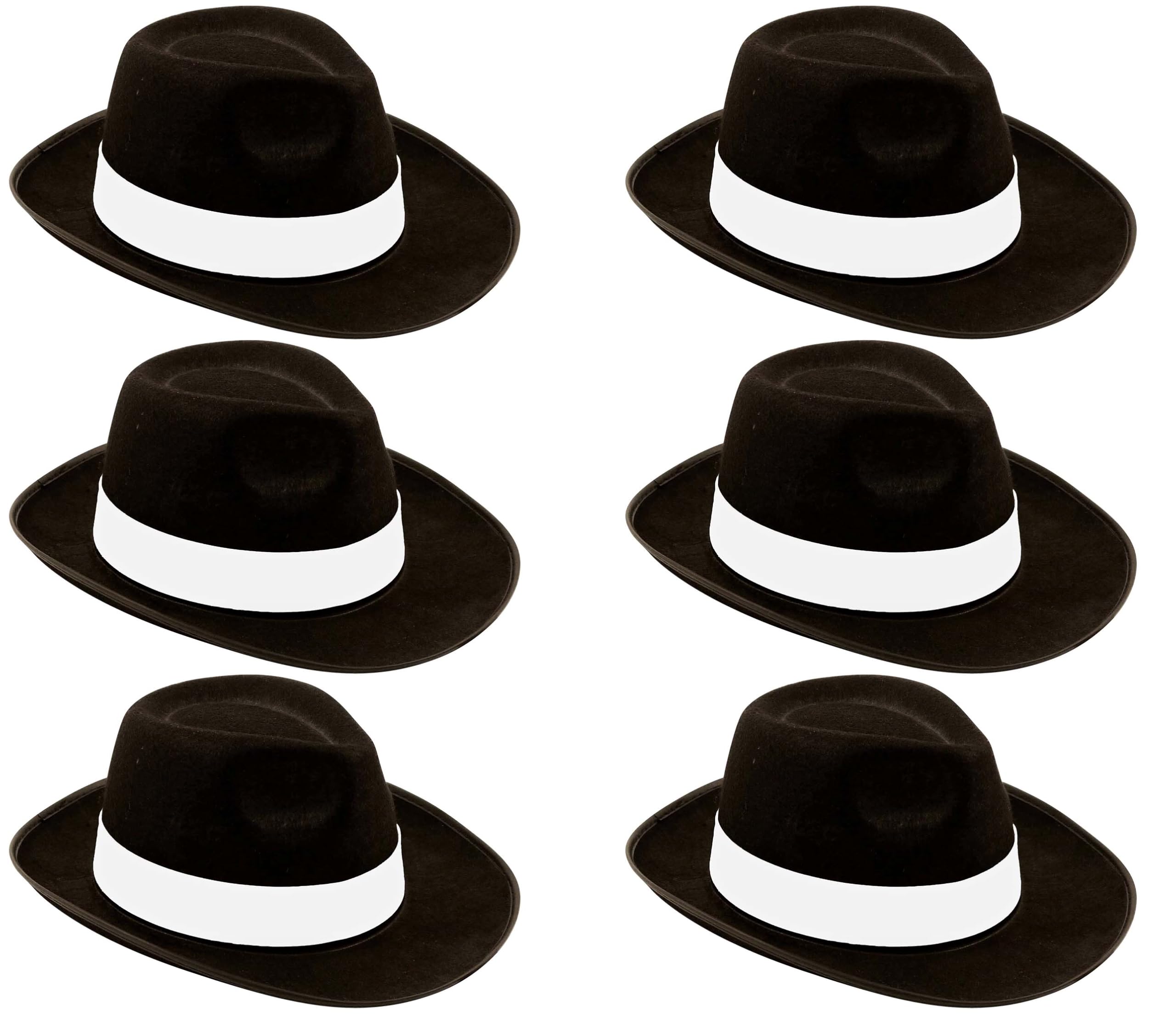 6 x Gangster Hats – Adults Black Trilby Hat with White Band – Mens 1940s Mafia Detective Costume Accessories – Al Capone Fancy Dress Private Investigator Accessory – Multipack Gangster Hats for Men