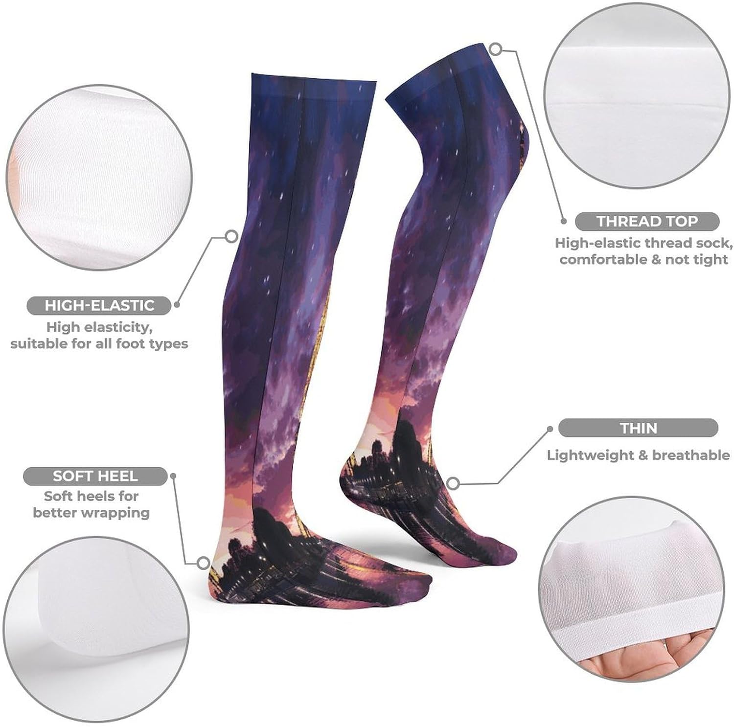 Purple Eiffel Tower Women High Waist Fishnet Stockings Stretch Mesh Pantyhose Sexy Trendy Legwear for Daily Wear