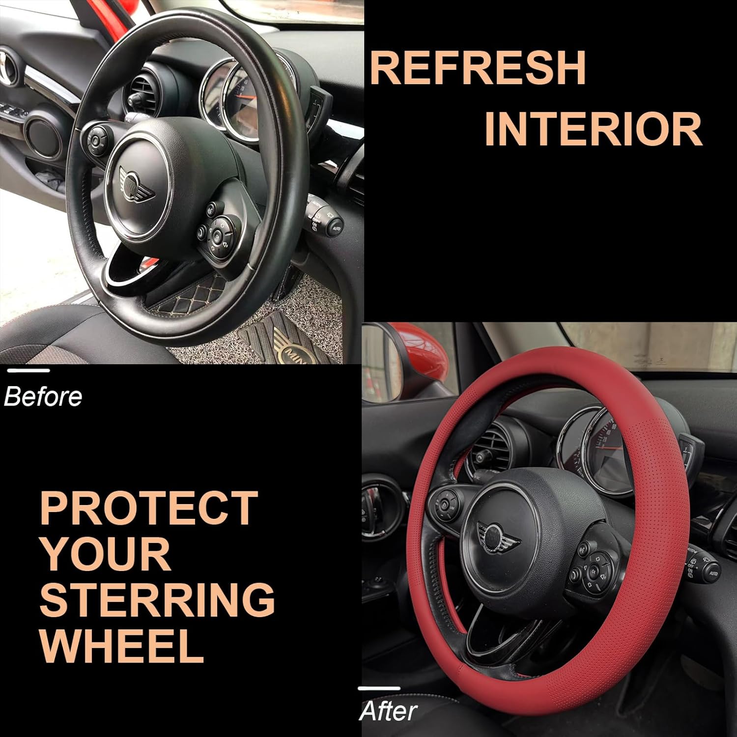 PINCTROT Nappa Leather Steering Wheel Cover, Slim Fit No Bulk Design, One Piece Leather with Breathable Perforation, Fit Like Gloves, Universal 14.5-15 Inch(Nappa Rust Red)