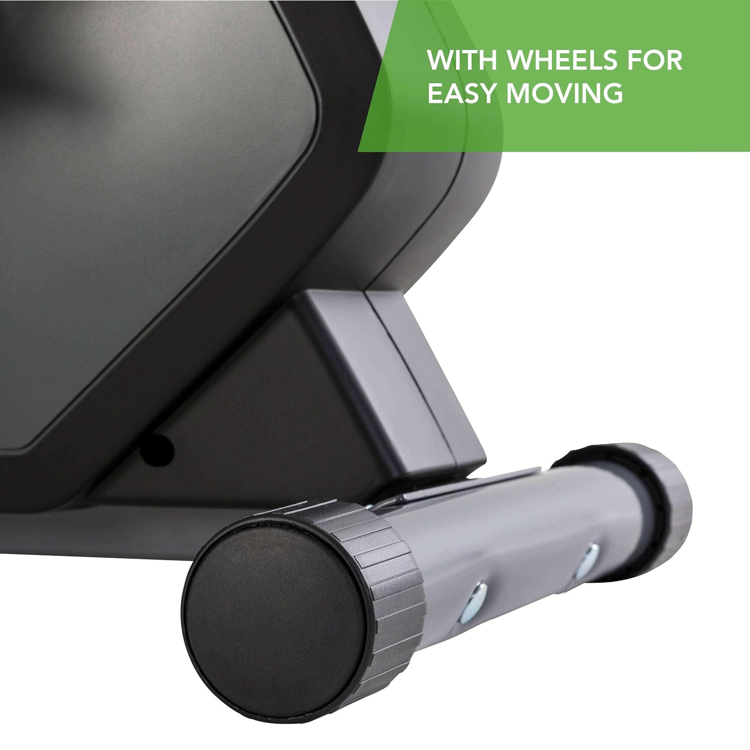 Close-up of the transport wheels on the front stabilizer of the Tunturi E30 Exercise Bike