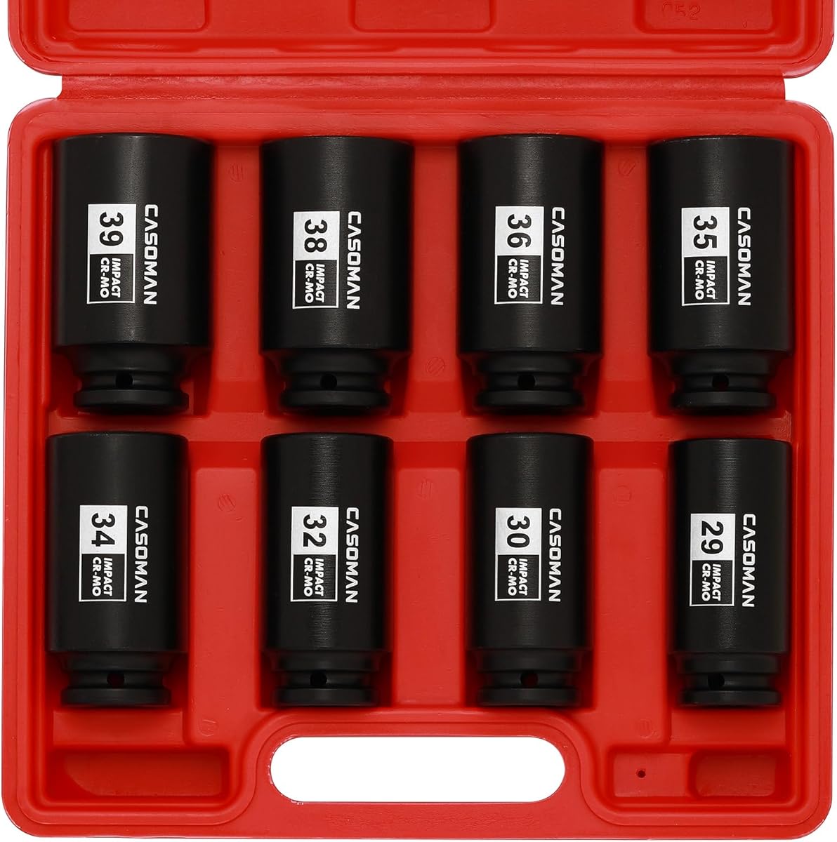 CASOMAN 1/2-Inch Drive Deep Spindle Axle Nut Impact Socket Set,12 Point, Metric, CR-MO, 29,30 32 34 35,36,38,39mm, 8 Piece 1/2" Heavy Duty Impact Socket Set