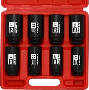 CASOMAN 1/2-Inch Drive Deep Spindle Axle Nut Impact Socket Set,12 Point, Metric, CR-MO, 29,30 32 34 35,36,38,39mm, 8 Piece 1/2" Heavy Duty Impact Socket Set