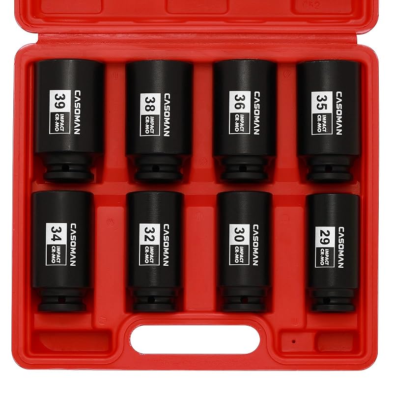 Jogo de Soquetes de Impacto Profundos para Porca de Eixo CASOMAN, 12 Pontas, CR-MO, Encaixe de 12,7 mm (1/2 pol.), 29 a 39 mm, 8 peças