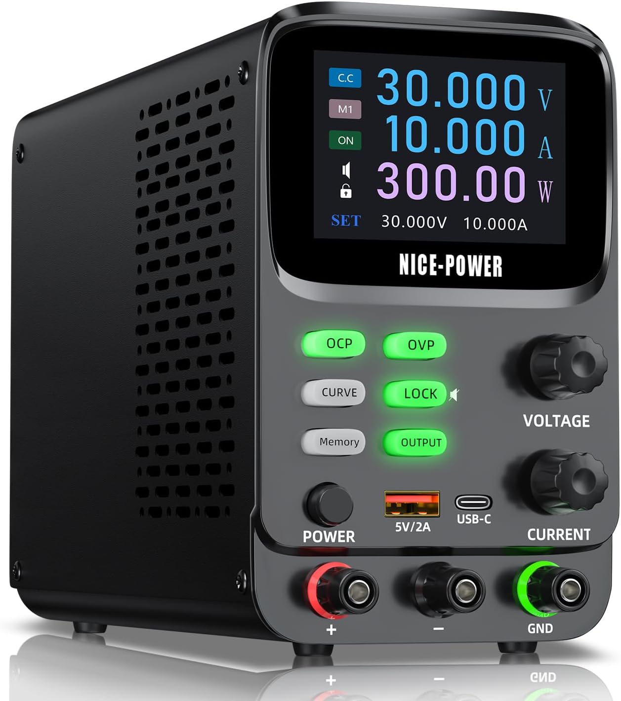 NICE-POWER DC Power Supply Variable 30V 10A,300W 5 Digit TFT Display 0.01mA 0.1mV Double Curve Bench Power Supply OCP/OVP Storage Function Power Supplies Suitable for Power Consumption Calculation