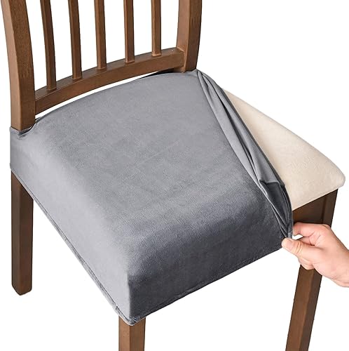 Miniatura 10 de YOPOIY Juego de 6 fundas de asiento para sillas de comedor de terciopelo elástico, fundas de asiento lavables con lazos, fundas de asiento suaves