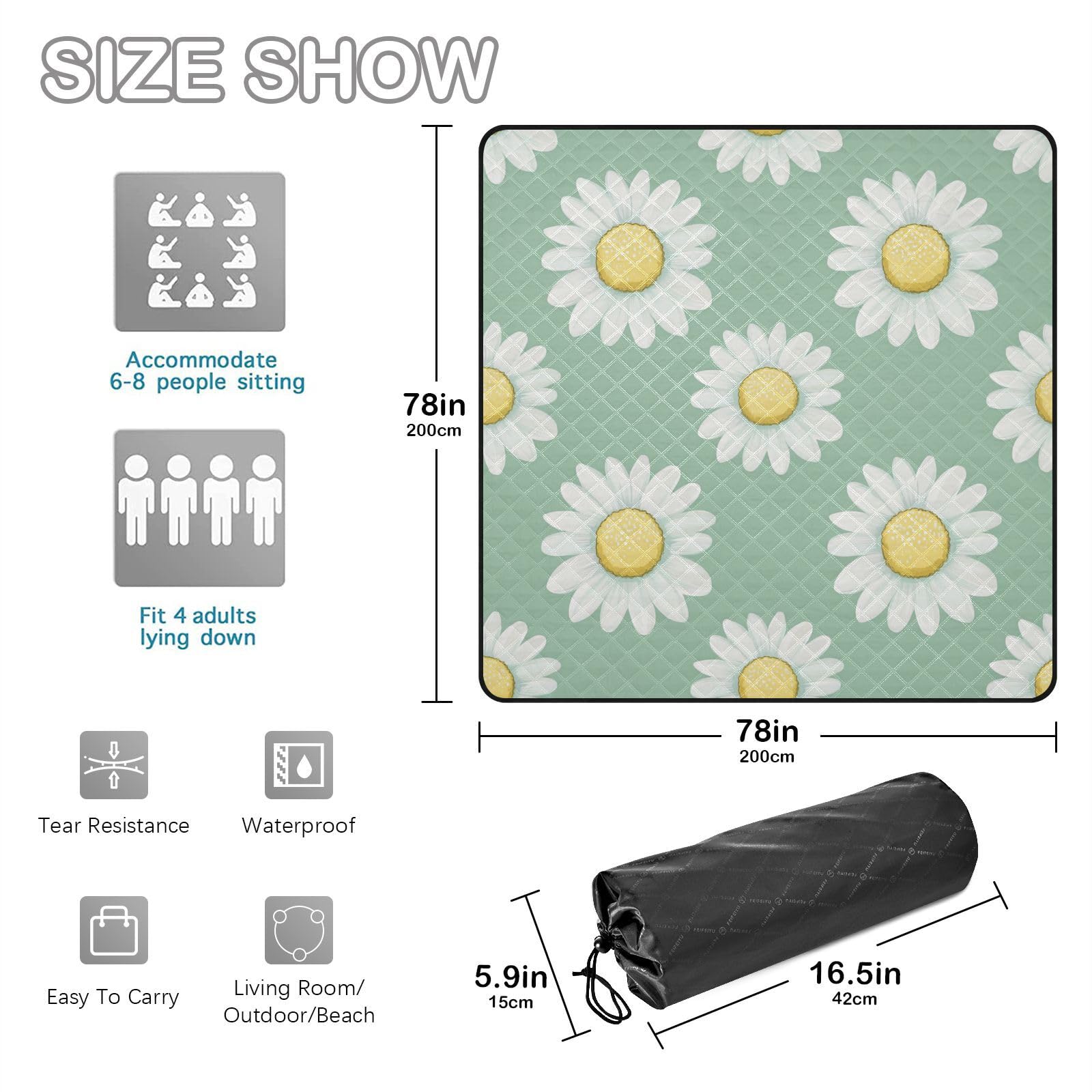 Biały Daisy Packable BlanketSoftOutdoorCamping Matfor Ground