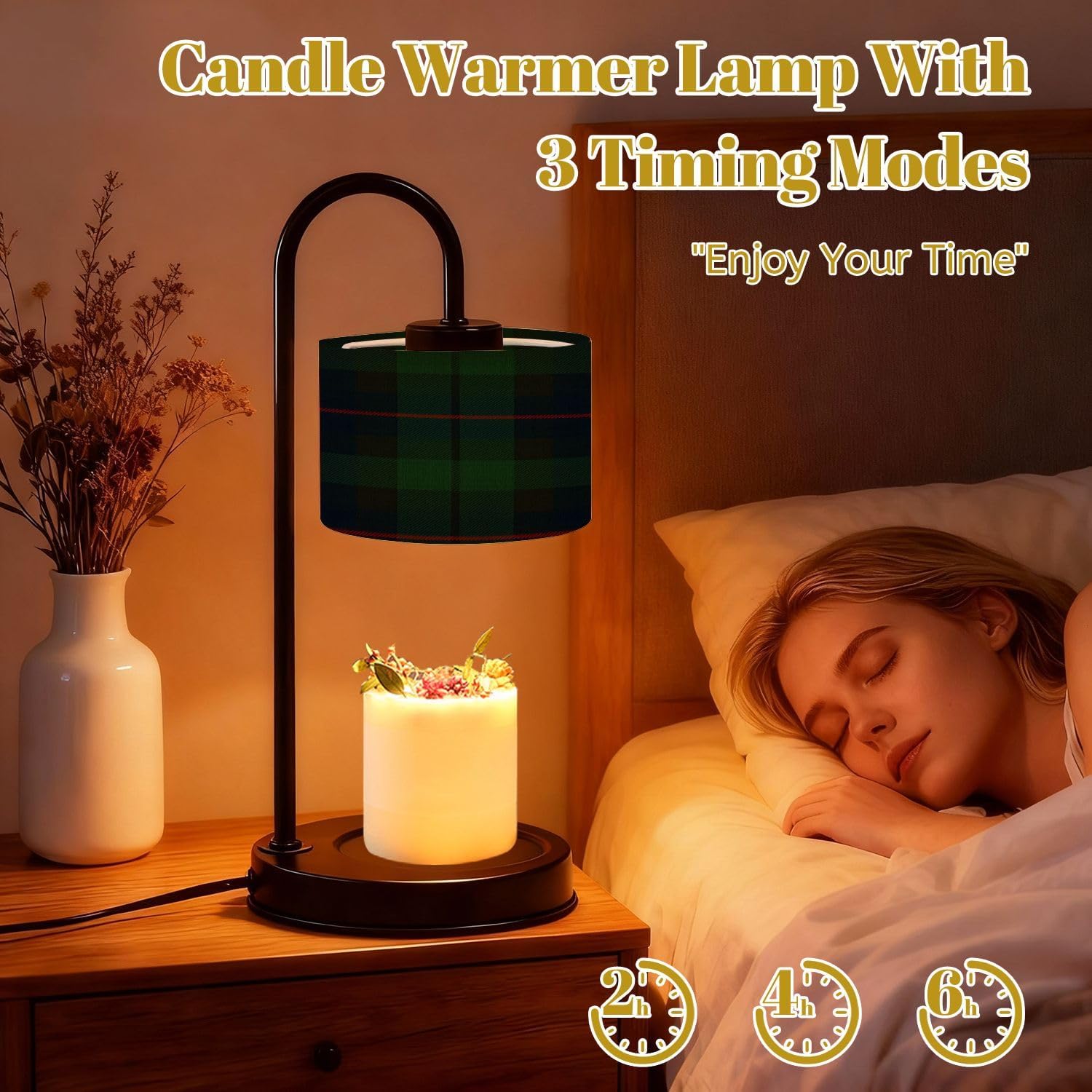 Candle Warmer Lamp with Timer Dimmer, Dark Green red Tartan Plaid Scottish Fabric Close up Lamp Candle Warmer with 4 Bulbs for Jar Candles House Warming Women Gifts for Birthday Home Decor