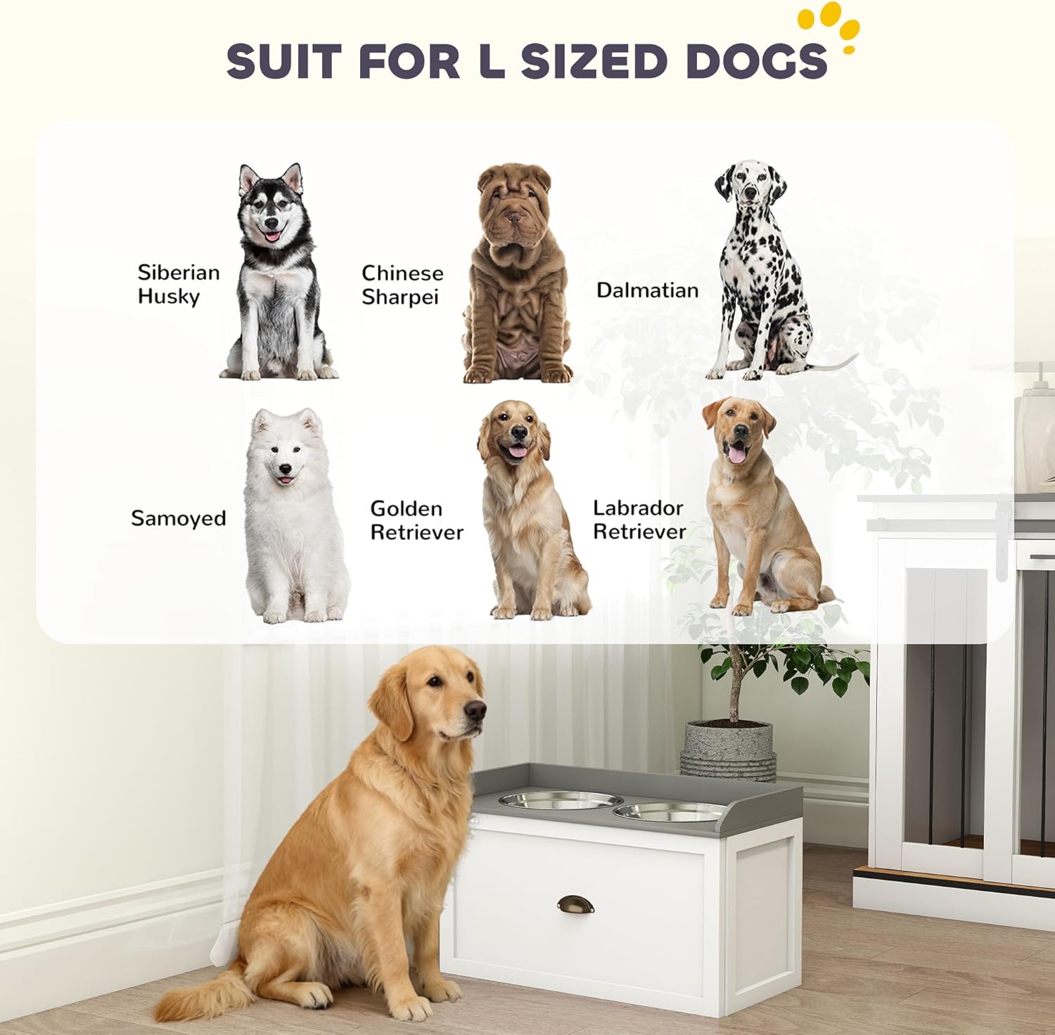 PawHut Large Elevated Dog Bowls with Storage Drawer Containing 21L Capacity, Raised Pet Feeding Station 2 Stainless Steel Grey,White