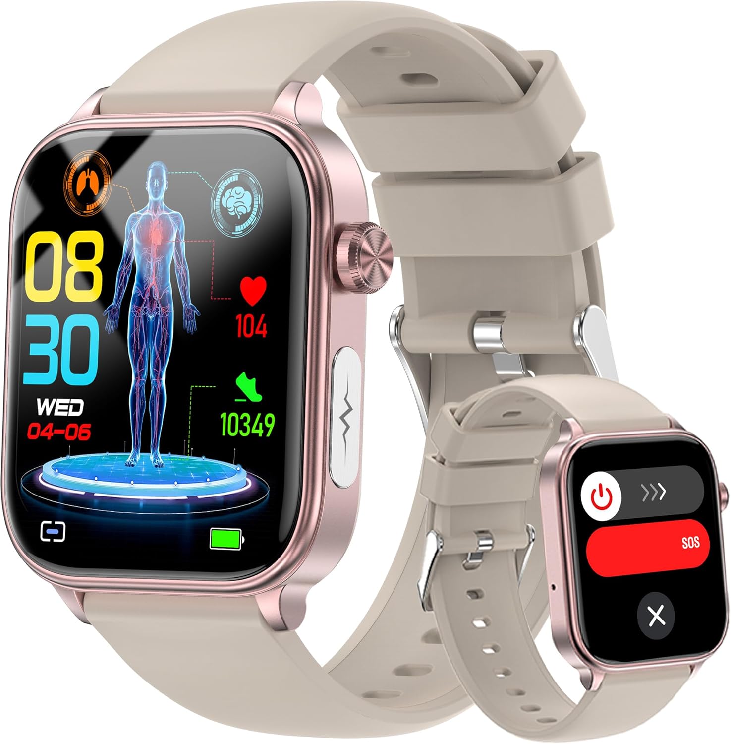 Smart Watch for Men Women (Answer/Make Calls), 1.96" HD Screen Fitness Watch with Blood Pressure/Heart Rate/Sleep/Body Temperature/Stress Monitor, SOS Button, IP68 Waterproof (Khaki)