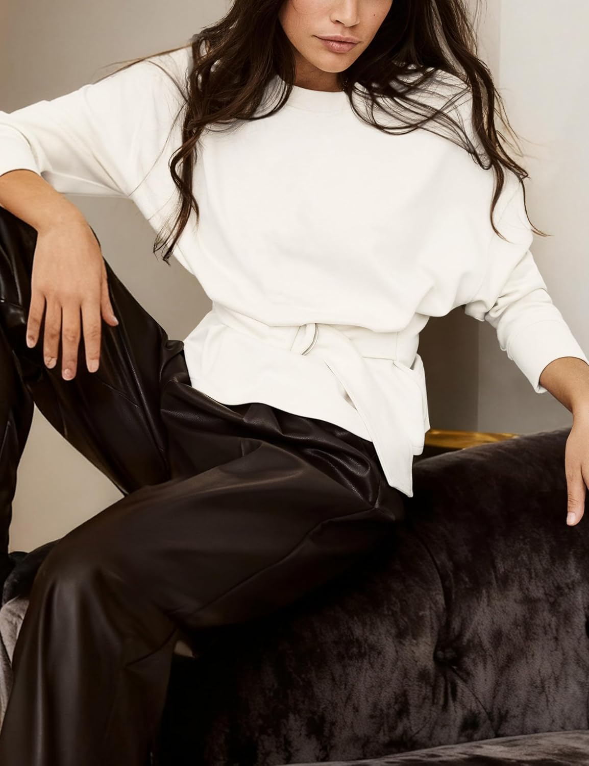 Womens Buckle Belted Sweatshirts Stylish Lace Up Tops Casual Long Sleeve Crewneck Cropped Tunic Pullover - Image 2