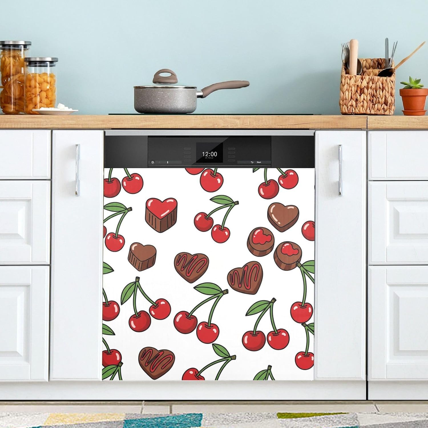 QUGRL Cherries Hearts Chocolates Print Dishwasher Magnet Cover Front Door Valentine's Day Refrigerator Covers Magnetic Sheet Sticker Wash Machine Fridge Panel Decal for Kitchen Appliance 23x