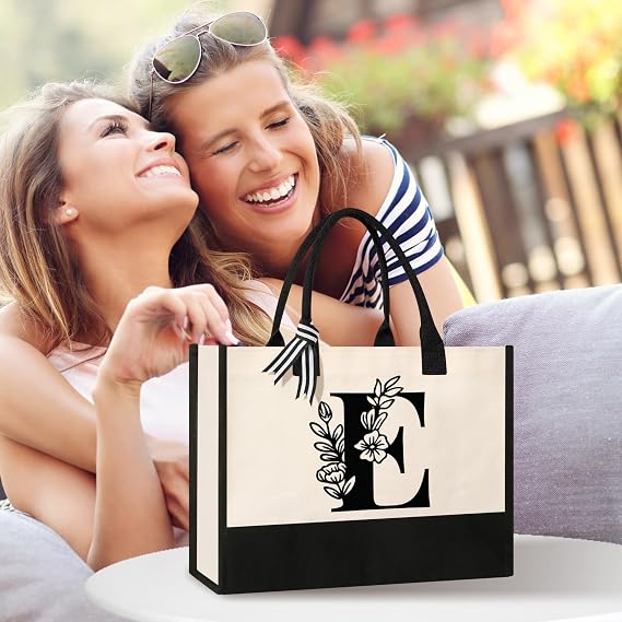 Personalized Initial Canvas Tote Bag, Cosmetic Bags, Suitable for Birthday, Wedding, Beach, Holiday, Great Birthday Gifts for Women, Mom, Teachers, Nurses, Best Friends, Bridesmaids (E)