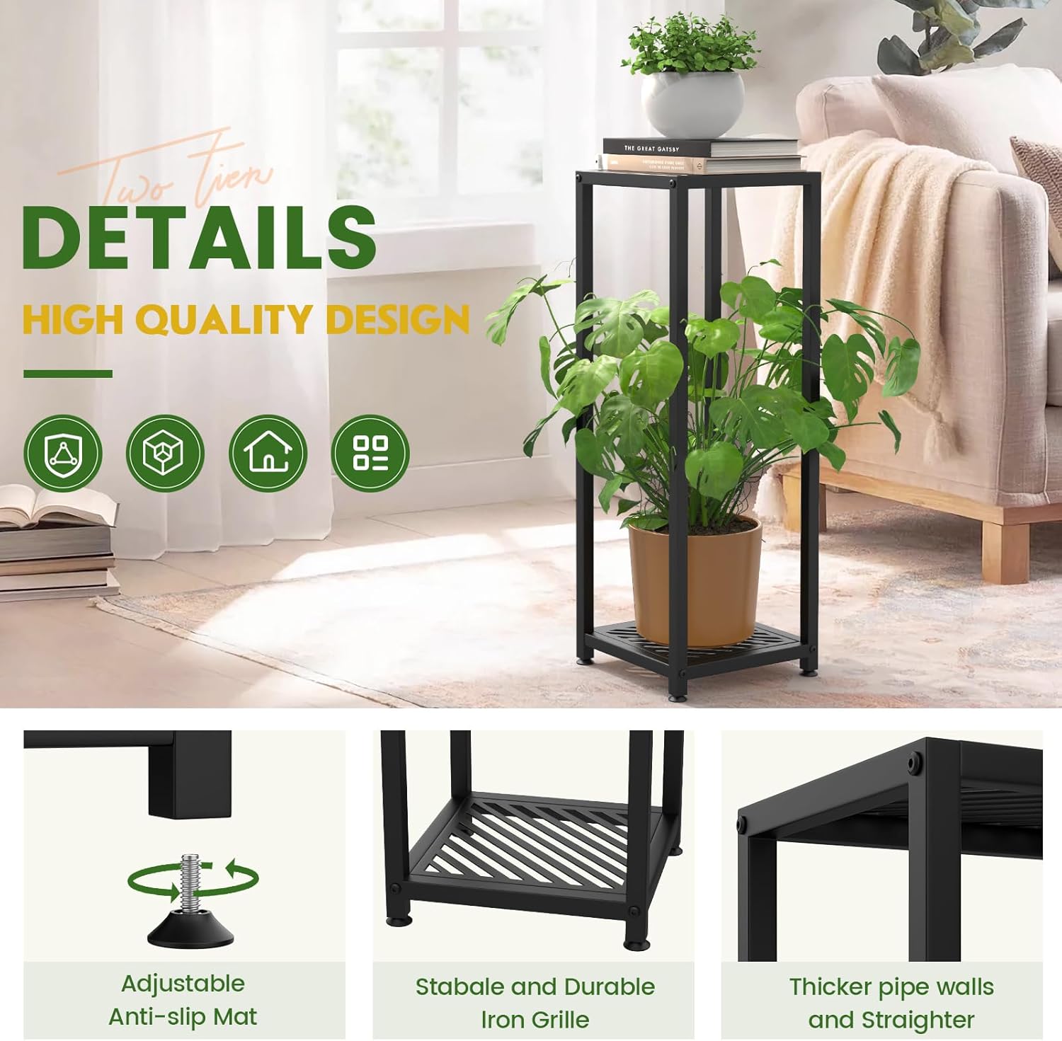 TOSKING Tall Plant Stand Indoor – 2-Tier Modern Metal Shelf, 30" Height & 200 LBS Capacity, Heavy Duty for Living Room, Balcony, Garden (Black)