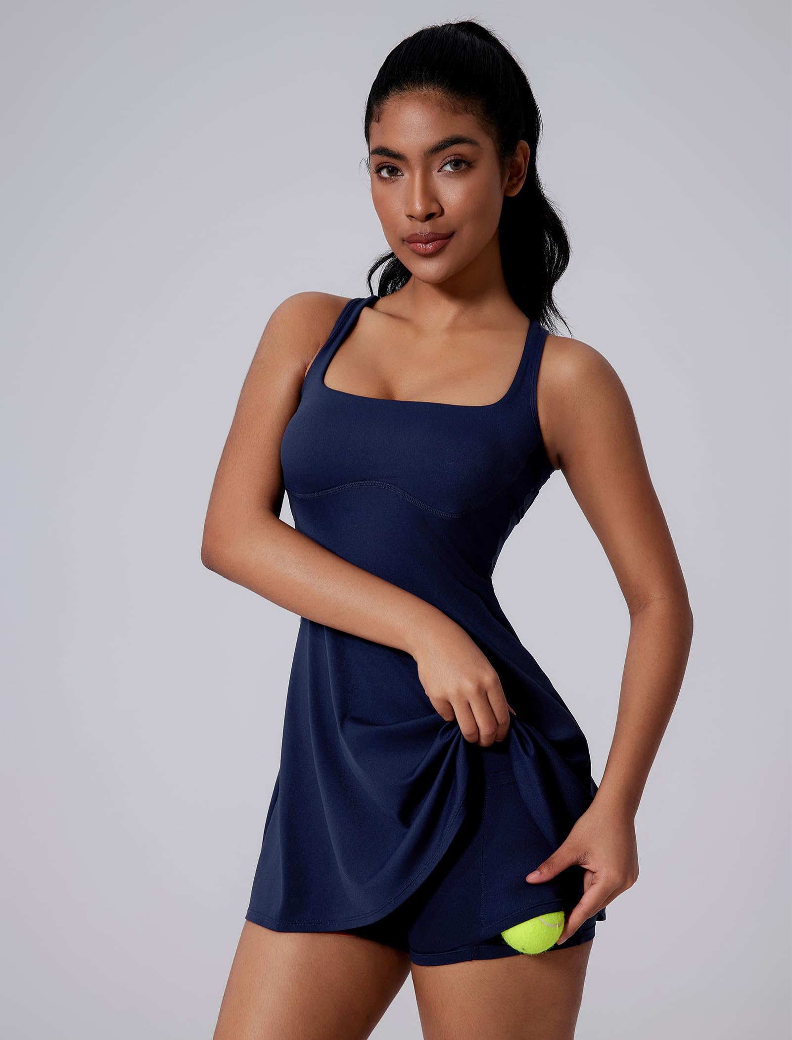 Vestido de tenis para mujer con pantalones cortos integrados y brasier sin mangas, vestidos deportivos acampanados y pantalones cortos separados, 2 piezas, pickleball, golf, atletismo
