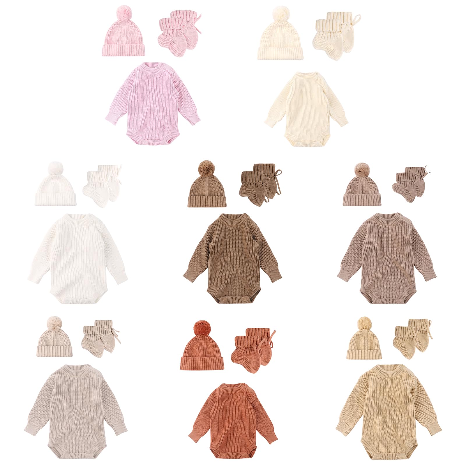 3-teiliges Strick Strampler Set für Neugeborene mit passender Mütze und Socken, weiche und atmungsaktive Outfit Strickware für Babys von 0 bis 6 Monaten, schöne Babymütze und Socken