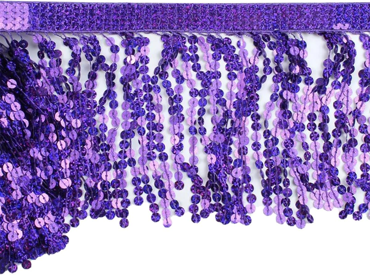 Queenbox 6.3inx10yard Bling Sequins Fringe Trim, DIY Craft Sewing Ribbon Tassel for Party Latin Dress Clothing, Purple