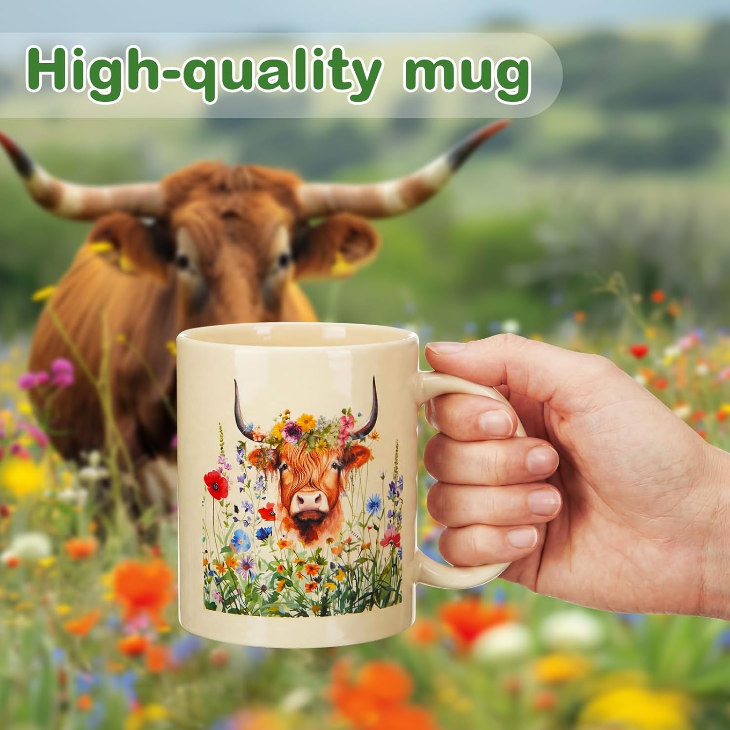 Maxdot 8 Pieces 12 oz Highland Cow Coffee Mugs Gifts Set with Handle Ceramic Matching Western Flowers Cups Bulk for Women Farm Employees Home Office Table Centerpieces Holiday Party