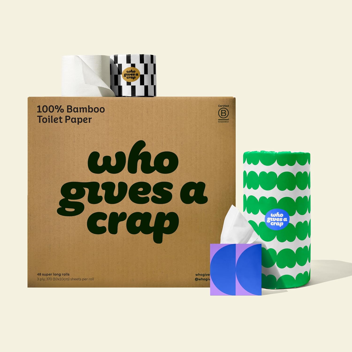 Who Gives A Crap The Bigger Bundle, 48 Bamboo Toilet Paper Rolls & 12 Bamboo Tissue Boxes, 12 Recycled Paper Towel Rolls, Eco Friendly, Sustainable, Plastic Free Household Essentials