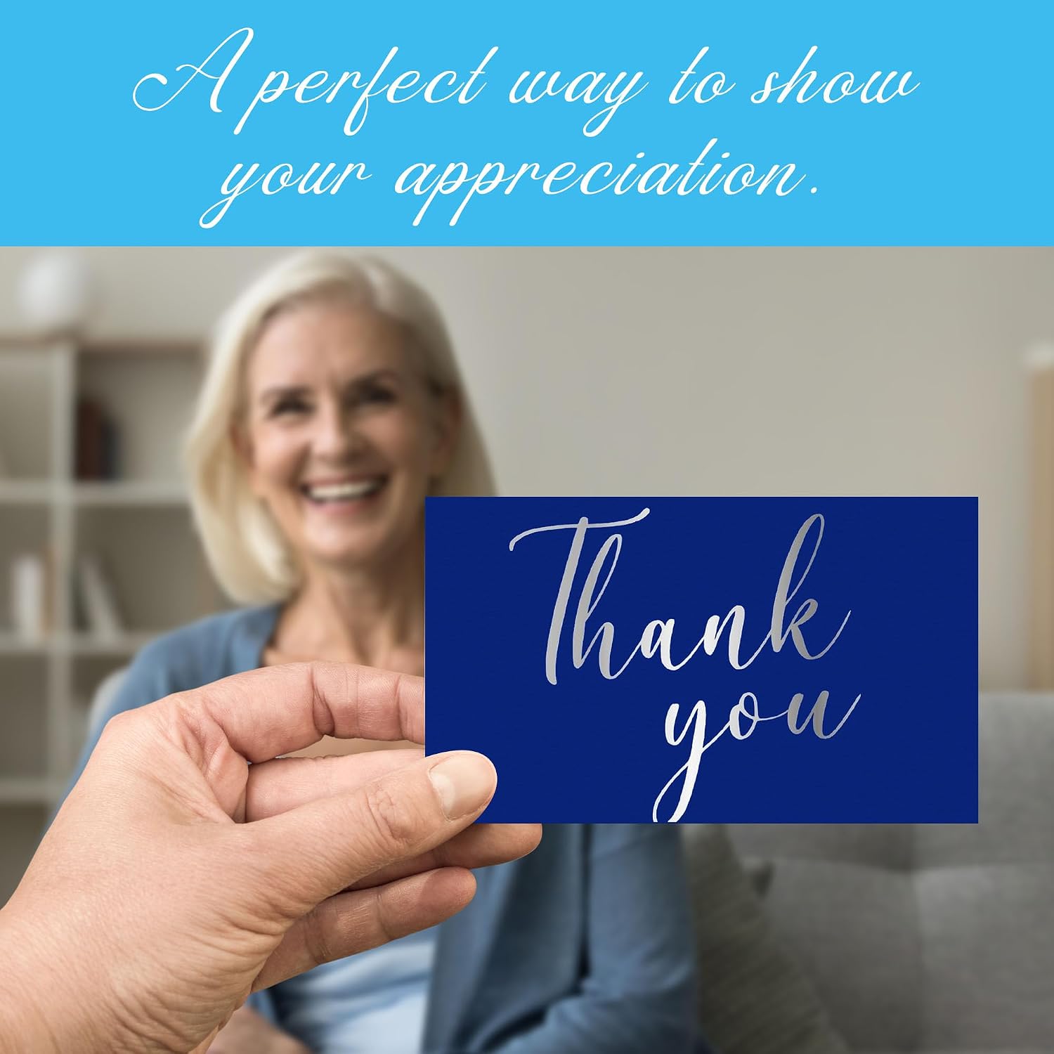 Oaklyn 48 Pack Thank You Cards with Envelopes 4"x 5.25" for Weddings, Baby Shower, Birthday Parties, Business, and Graduation Thank You Cards Blank - Blue and Silver