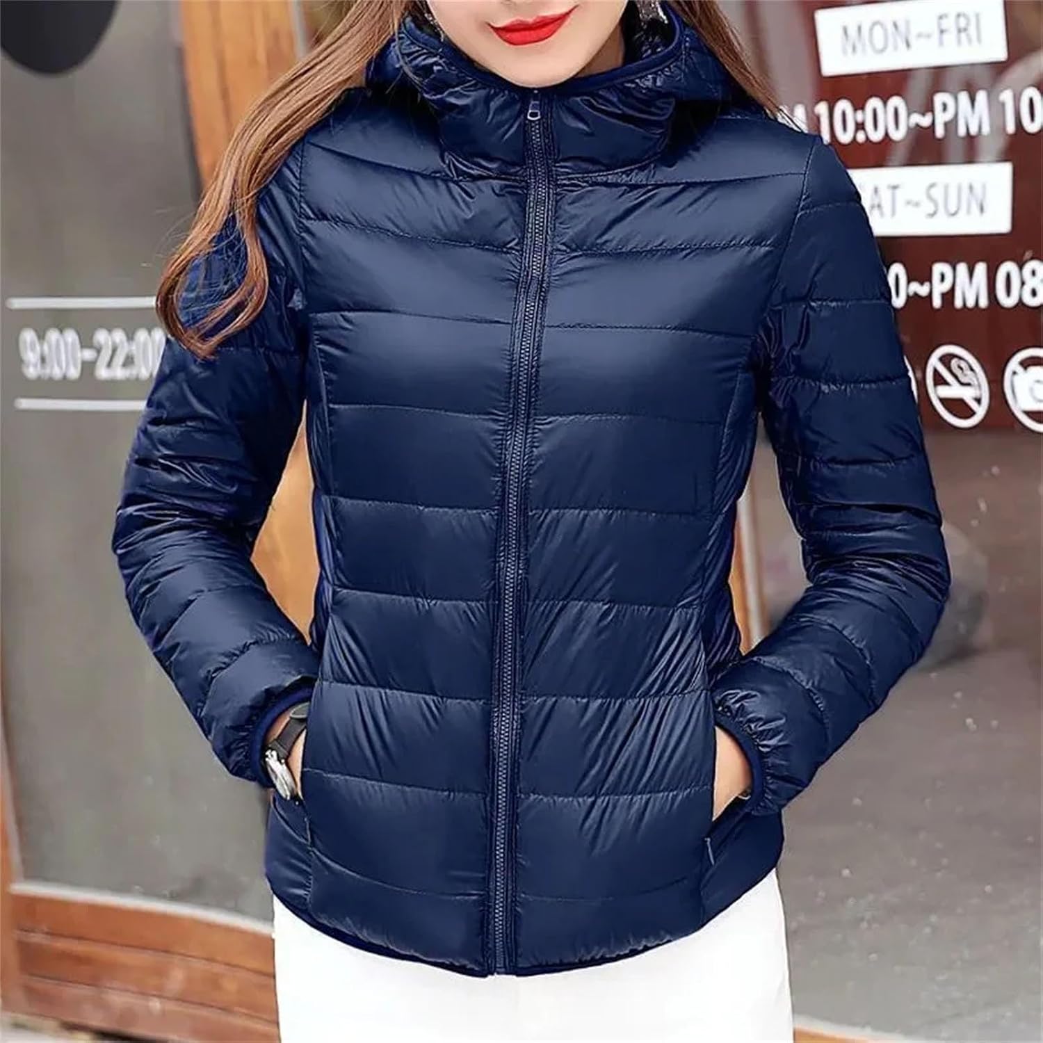 Female Fashion Down Jacket Light White Duck Slim Puffer Portable Windproof Hooded Top