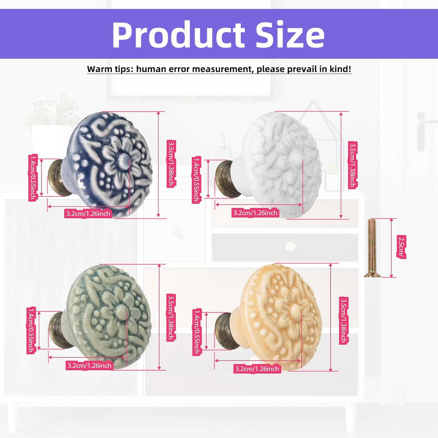 20Pcs Ceramic Knobs, Flower Drawer Pulls Vintage Cabinet Knobs, Retro Round Kitchen Cabinet Handles for Furniture, Closet, Cupboard, Door Decorative Knob with Mounting Screws